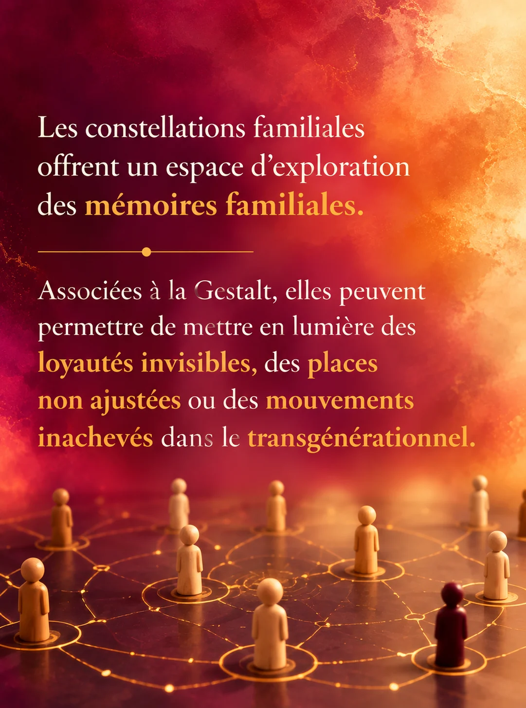 Des figurines de bois disposées en cercle sur un réseau de lignes dorées, sur un fond magenta et orange. Texte : « Les constellations familiales offrent un espace d’exploration des mémoires familiales. Associées à la Gestalt, elles peuvent permettre de mettre en lumière des loyautés invisibles, des places non ajustées ou des mouvements inachevés dans le transgénérationnel. »