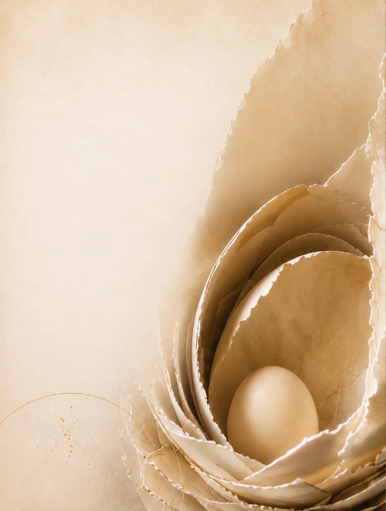 Un œuf posé dans un nid de pages de papier déployées