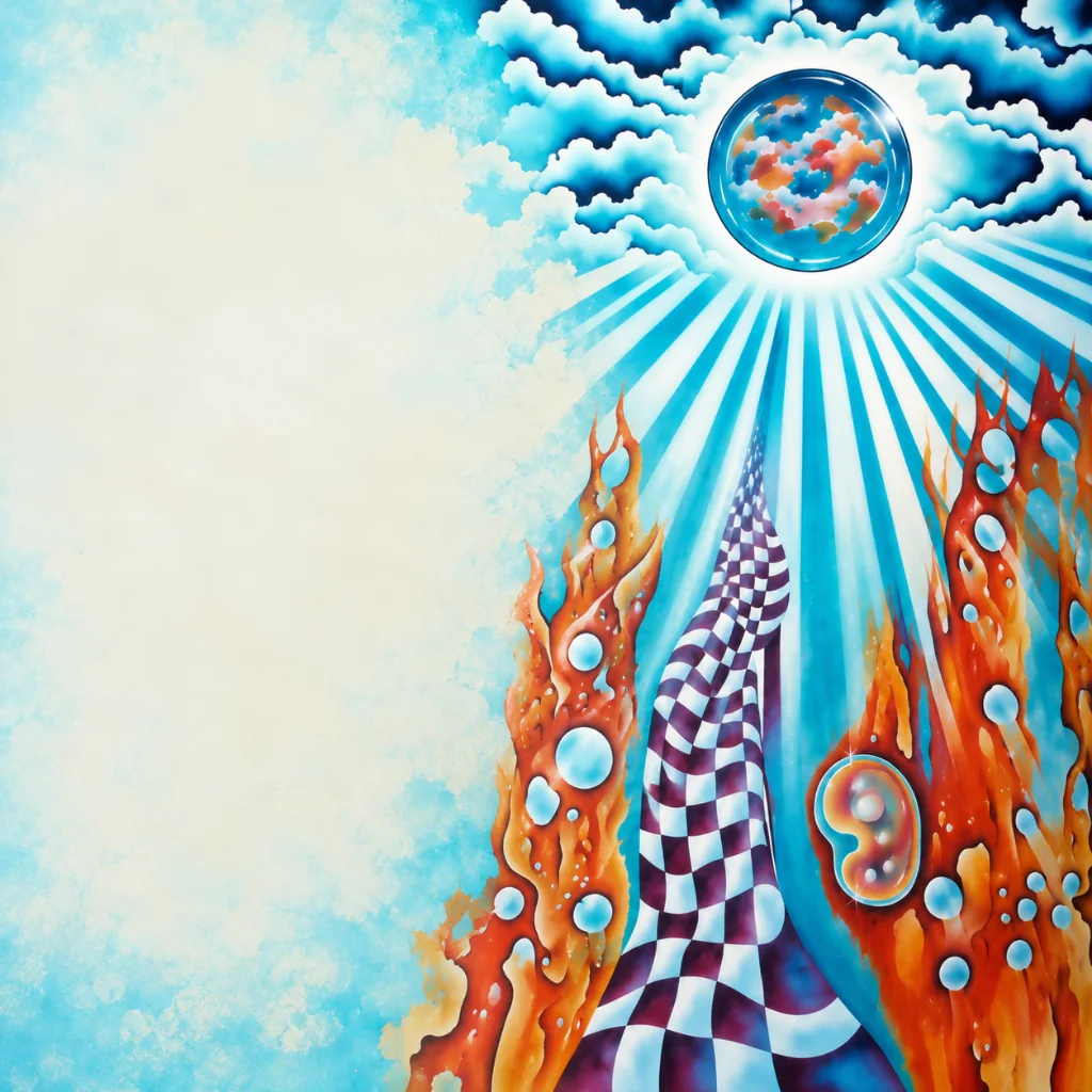 Peinture de Martine Laguerre : une sphère de nuages au-dessus de flammes et de voiles